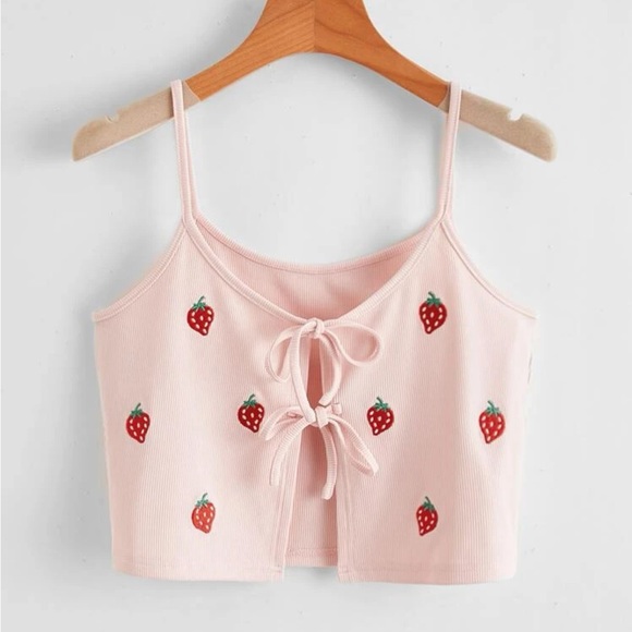 Baby Pink Strawberry Embroidered Cropped Self-Tie Cami NWOT - Picture 1 of 12
